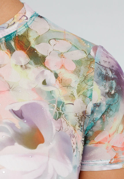 NEW190325 Transparante Bodysuit met Multicolor Bloemenprint en Korte Mouwen