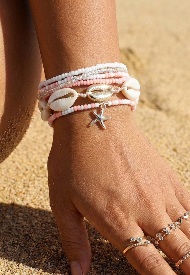 NEW190325 Wit/Roze Armbandenset met Schelpen