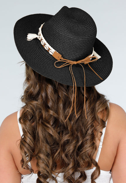 NEW190325 Zwarte Strandhoed met Schelpenband