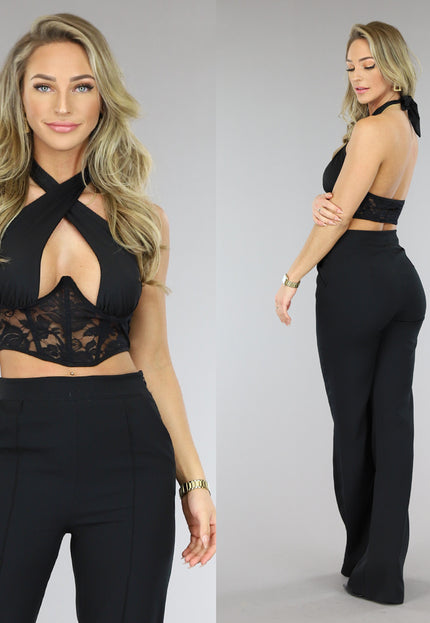 NEW1904 Kanten Top met Knoopdetail Zwart