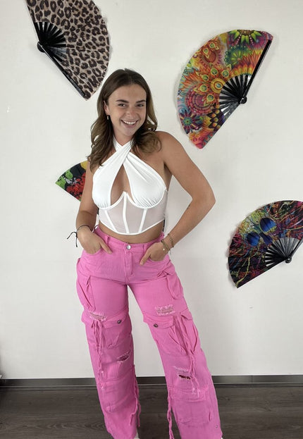 OP=OP.AV.09 Witte Korset Top met Hals Detail