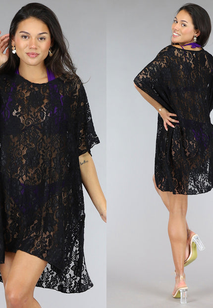 NEW1904 Zwart Kanten Loose-Fit Strandtuniek
