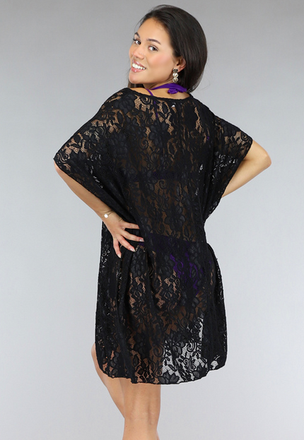 NEW1904 Zwart Kanten Loose-Fit Strandtuniek