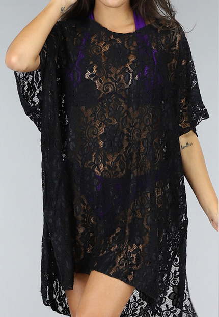 NEW1904 Zwart Kanten Loose-Fit Strandtuniek