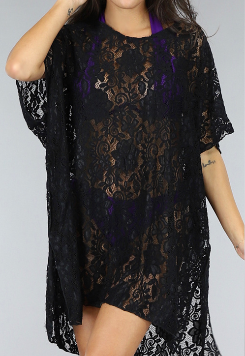 NEW1904 Zwart Kanten Loose-Fit Strandtuniek