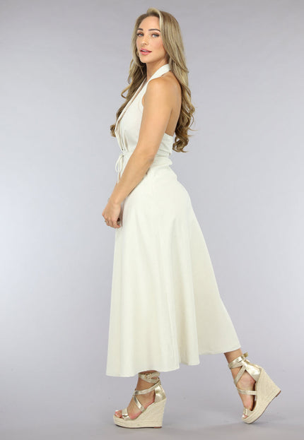 NEW1906 Beige Linnenlook Jurk met Halter Hals