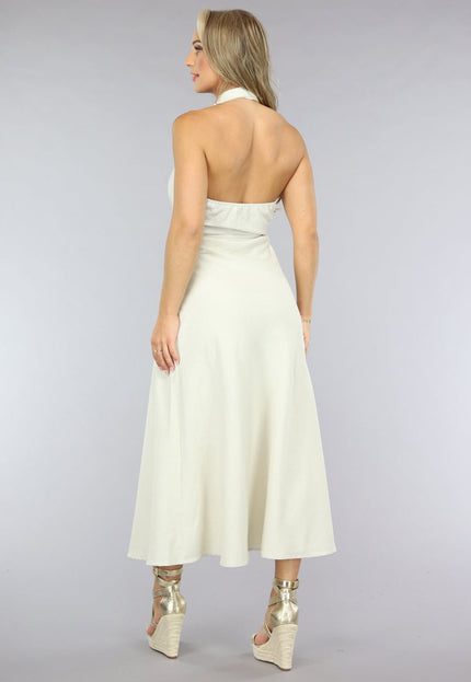 NEW1906 Beige Linnenlook Jurk met Halter Hals