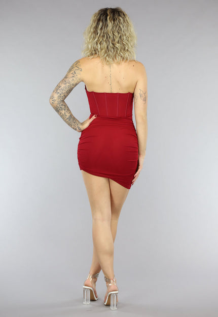 OP=OP.AV.12 Wijnrode Geplooide Mesh Korset Jurk