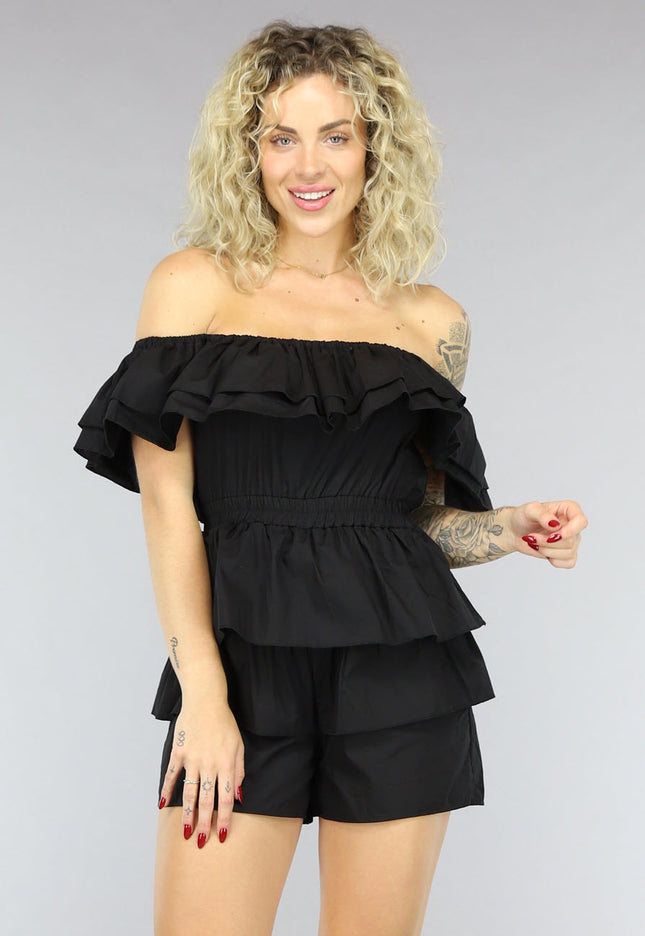 NEW1906 Zwarte Off Shoulder Ruffle Playsuit