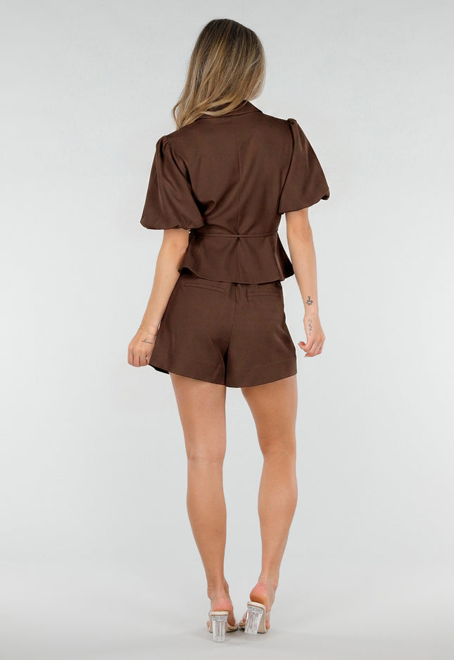 NEW190826 Bruine Blazer met Korte Pofmouwen