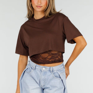 NEW190826 Bruine Crop Top met Kanten Taille