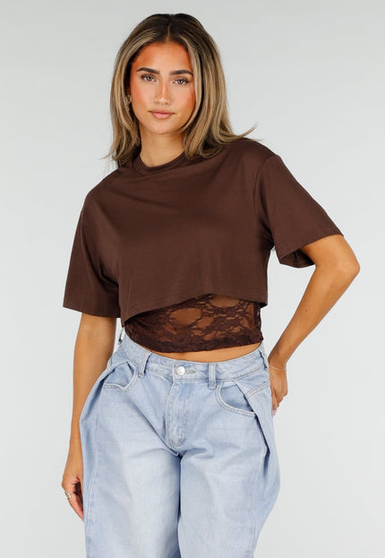 NEW190826 Bruine Crop Top met Kanten Taille