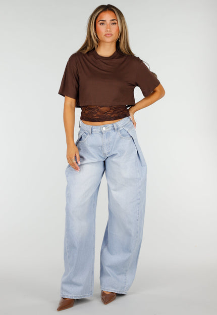 NEW190826 Bruine Crop Top met Kanten Taille