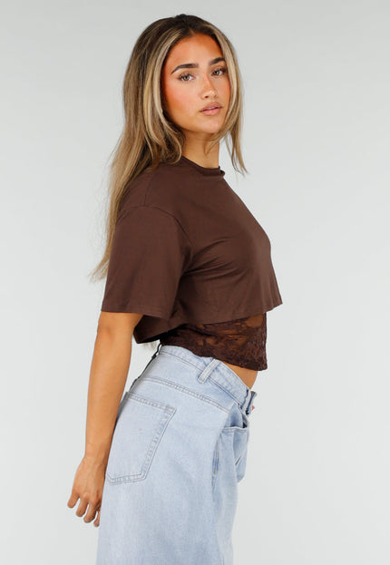 NEW190826 Bruine Crop Top met Kanten Taille
