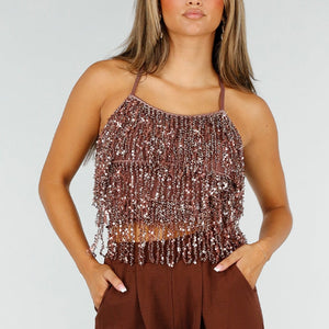 NEW190826 Bruine Glitter Top met Pailletten Franjes