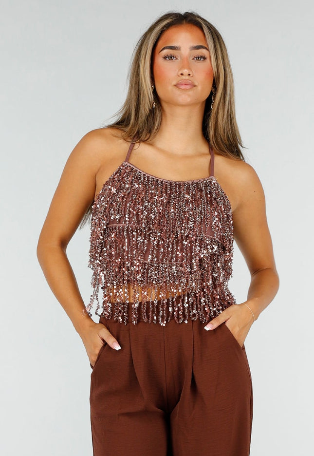 NEW190826 Bruine Glitter Top met Pailletten Franjes