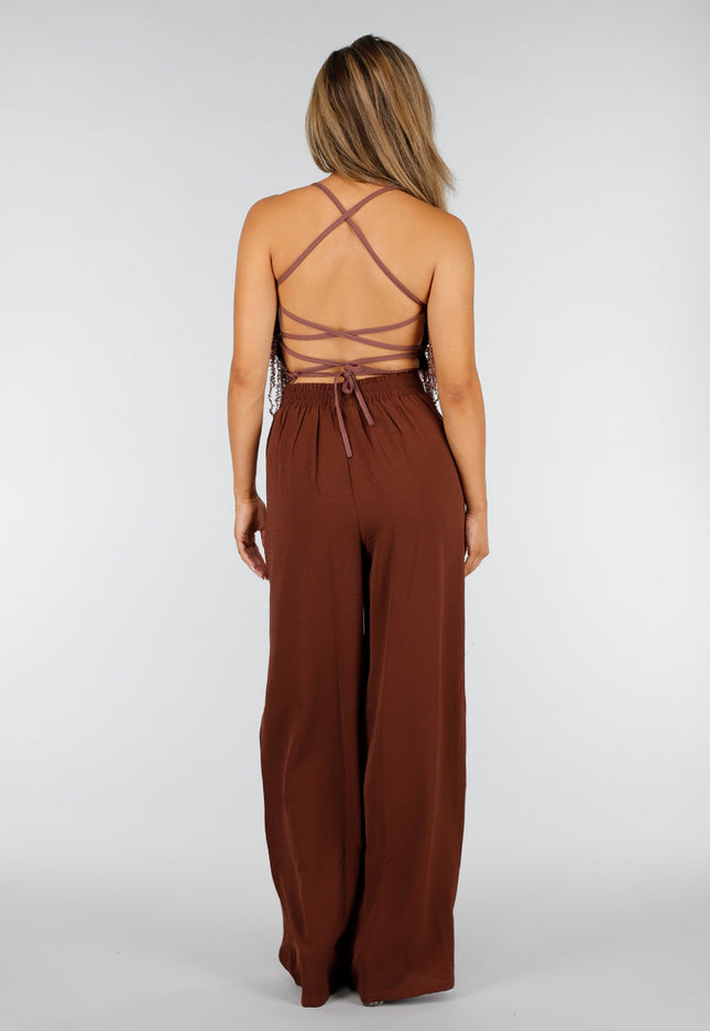 NEW190826 Bruine Glitter Top met Pailletten Franjes