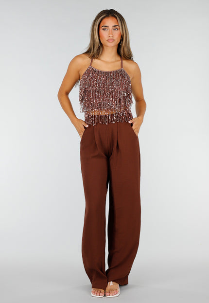 NEW190826 Bruine Glitter Top met Pailletten Franjes