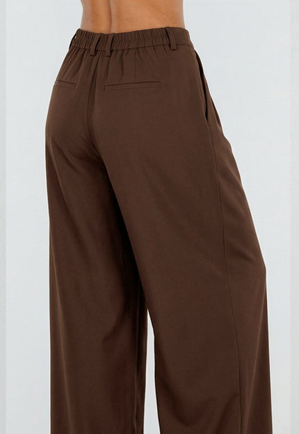 NEW190826 Bruine Wide Leg Pantalon met Plooien