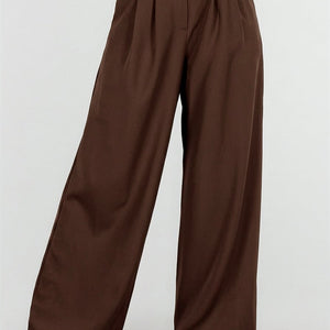 NEW190826 Bruine Wide Leg Pantalon met Plooien