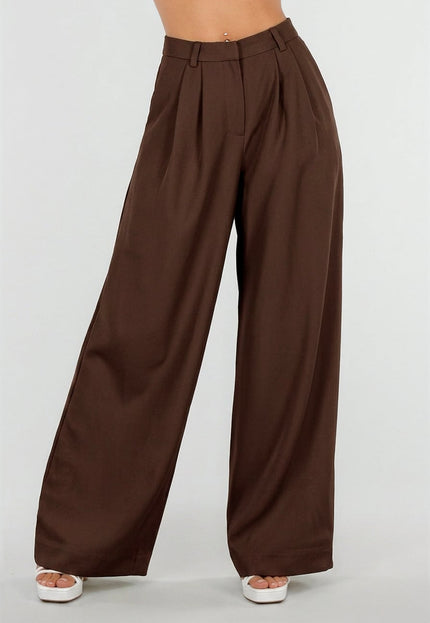 NEW190826 Bruine Wide Leg Pantalon met Plooien