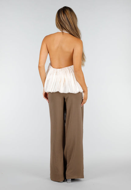 NEW190826 Champagne Plissé Halter Top met Open Rug