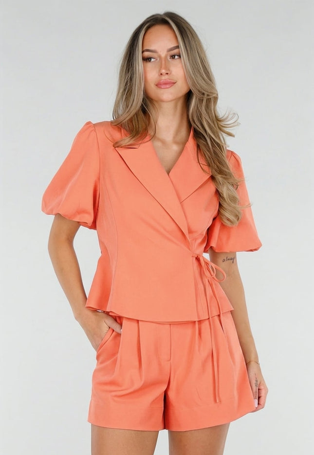 NEW190826 Koraal Blazer met Korte Pofmouwen