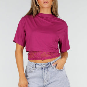 NEW190826 Paarse Crop Top met Kanten Taille