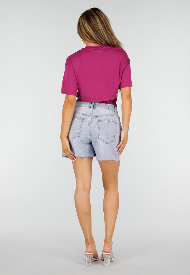 NEW190826 Paarse Crop Top met Kanten Taille