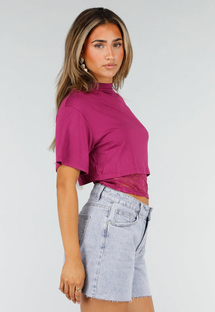 NEW190826 Paarse Crop Top met Kanten Taille