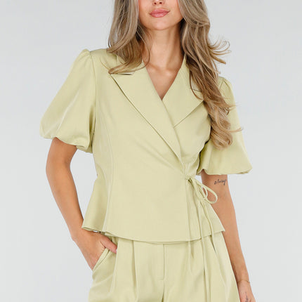 NEW190826 Pistache Blazer met Korte Pofmouwen
