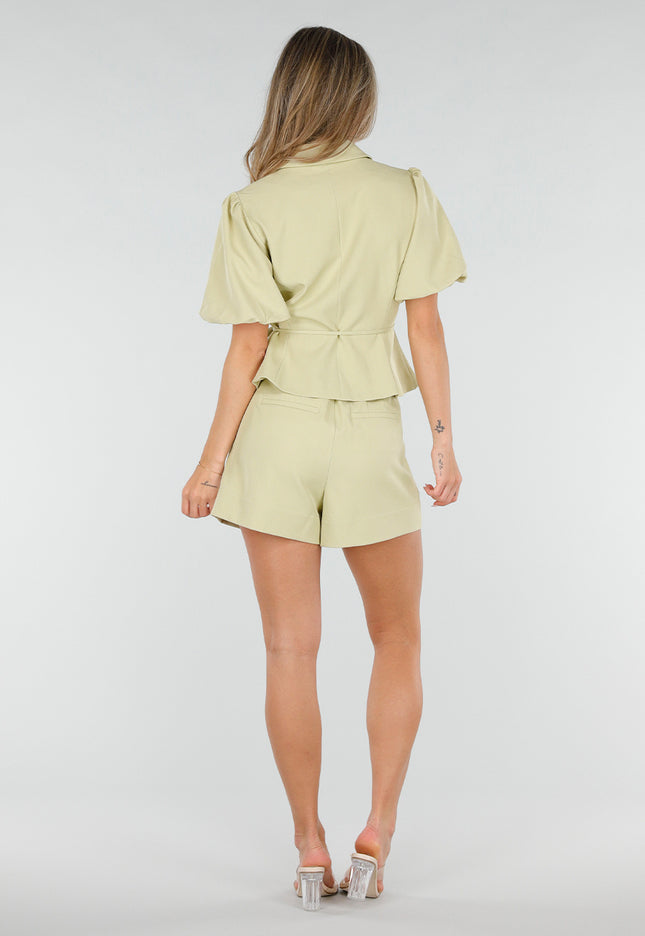 NEW190826 Pistache Blazer met Korte Pofmouwen