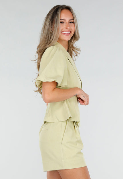 NEW190826 Pistache Blazer met Korte Pofmouwen