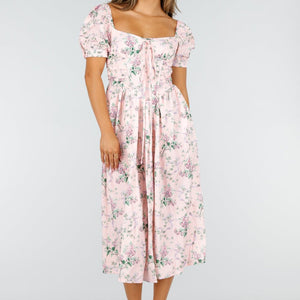 NEW190826 Roze Midi Jurk met Bloemenprint