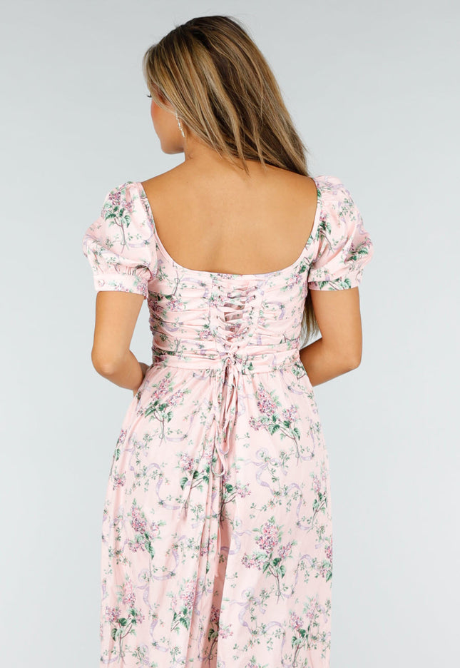 NEW190826 Roze Midi Jurk met Bloemenprint