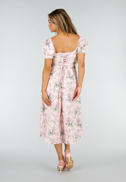 NEW190826 Roze Midi Jurk met Bloemenprint