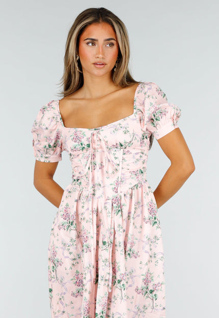 NEW190826 Roze Midi Jurk met Bloemenprint