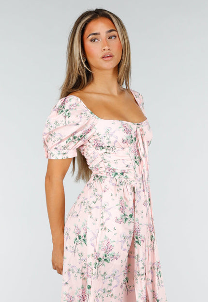 NEW190826 Roze Midi Jurk met Bloemenprint