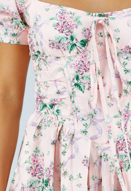 NEW190826 Roze Midi Jurk met Bloemenprint