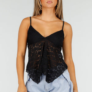 NEW190826 Zwarte Kanten Top met Spaghettibandjes