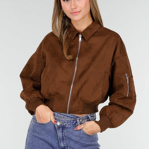 NEW191125 Bruine Suede Cropped Bomberjas