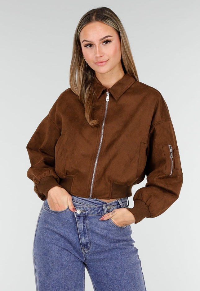 NEW191125 Bruine Suede Cropped Bomberjas