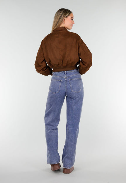 NEW191125 Bruine Suede Cropped Bomberjas