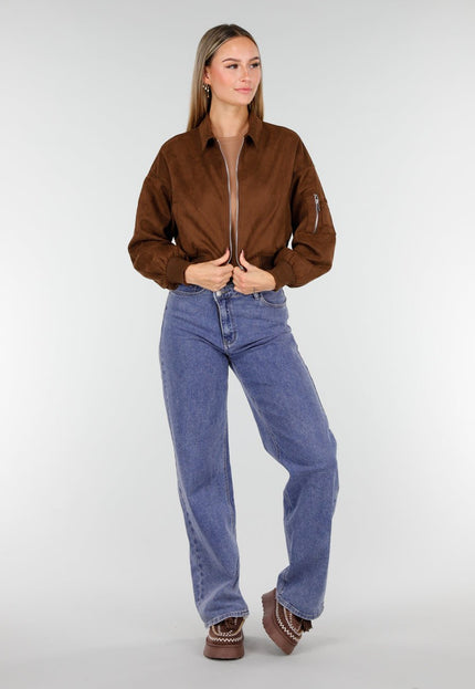 NEW191125 Bruine Suede Cropped Bomberjas