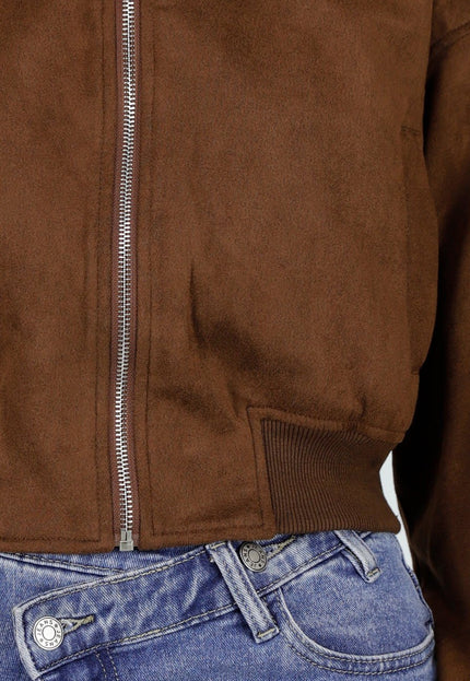 NEW191125 Bruine Suede Cropped Bomberjas