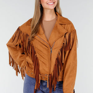 NEW191125 Camel Suede Fringe Jas
