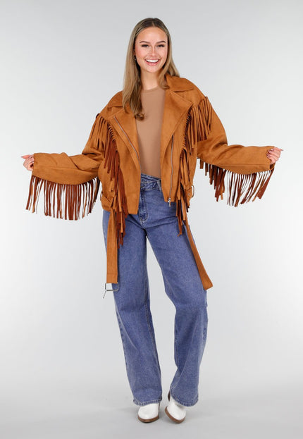 NEW191125 Camel Suede Fringe Jas