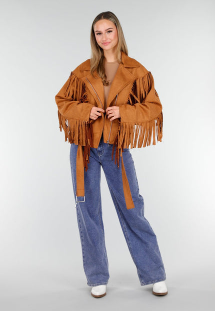 NEW191125 Camel Suede Fringe Jas
