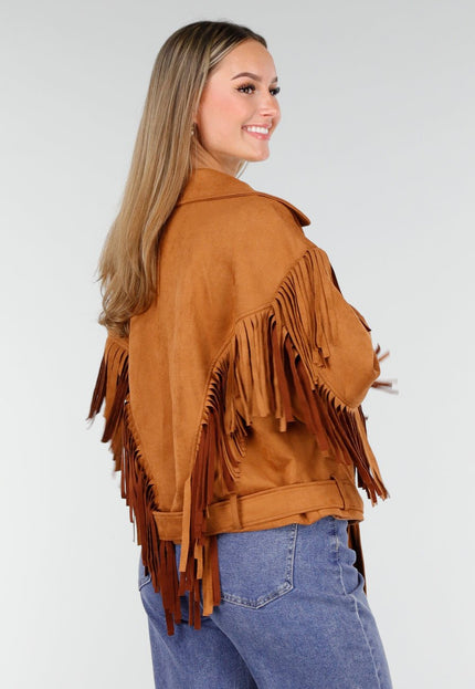 NEW191125 Camel Suede Fringe Jas