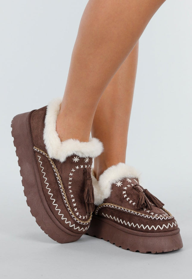 NEW191125 Bruine Pantoffels met Faux Fur